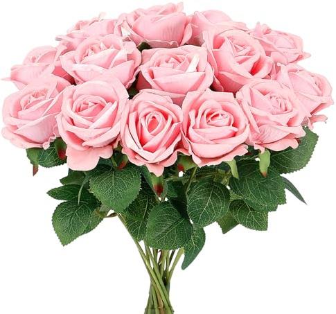 Auihiay 14PCS Pink Fake Roses, Artificial Roses Flowers with Long Stems for Mother's Day, Valentine's Day, Wedding Bouquet, Baby Shower, Birthday, Home & Party Decor