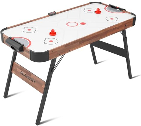 REAHOISY 56” Foldable Air Hockey Table, Folding Indoor Hockey Game Table w/Accurate Electronic Scoring, Powerful Motor, 2 Pucks and 2 Pushers for Adults Kids, Home Game Room (Walnut)