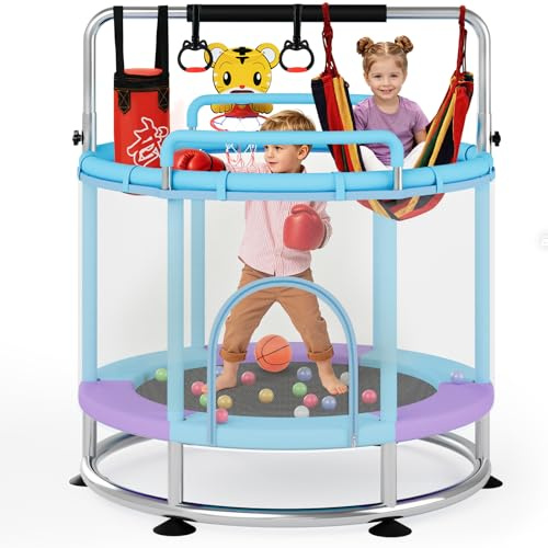 Kindertrampolin 150cm mit Sicherheitsnetz – Trampolin Kinder Indoor Outdoor mit Vordere und hintere Armlehnen, bis 250 kg Belastbar, mit Boxsack, Boxhandschuhe, Ringe, Basketballkorb, Bällen, Schaukel