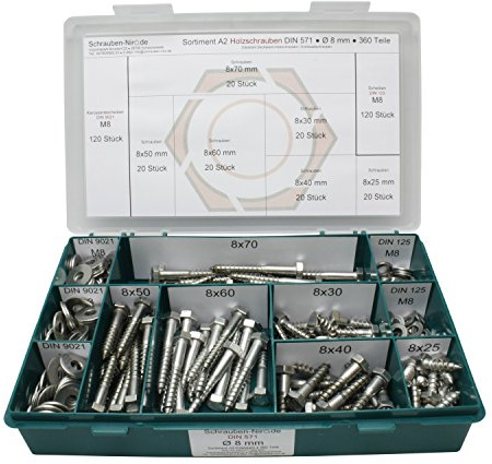 Sortiment DIN 571 Edelstahl A2 Schlüsselschrauben Durchmesser 8,0 mm, 360 Teile ; Sechskant/Holzschrauben inc. Scheiben, Material VA V2A