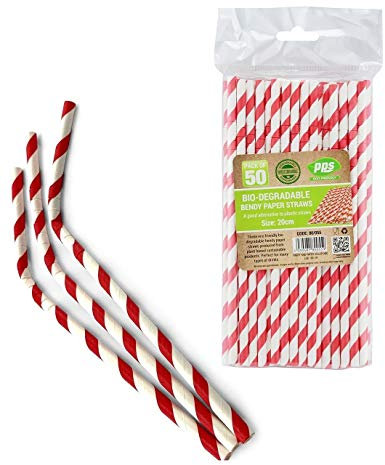 Party Paper Solutions 50 x Bendy Red and White Stripe Paper Drinking Straws Biodegradable Eco 8 (20cm) approx.