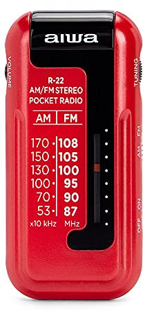 AIWA R-22RD – Radio de Bolsillo Am/FM Stereo con ETS Easy-Tuning, Clip de Sujeción y Auriculares. Color: Rojo