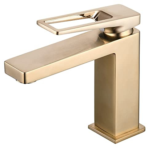 SHUNLI Waschtischarmatur Wasserhahn Bad mit 50cm Kalt/Warmwasser Anschluss | Messing Gold Badarmatur Mischbatterie Einhebel BadHahn für Waschbecken Bad | Gebürstetes Gold