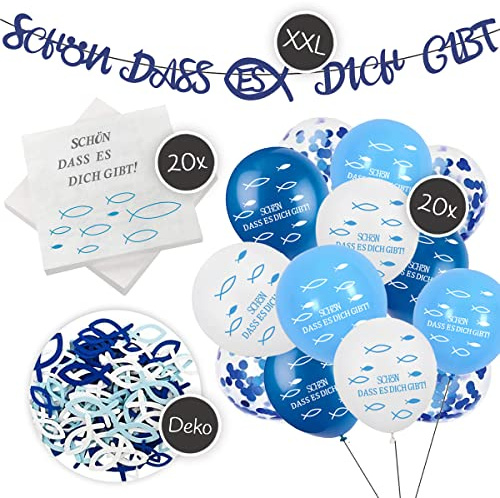 XXL Deko-Set zu Konfirmation/Kommunion/Taufe | XXL Girlande Schön dass es dich gibt, Luftballons, Fische-Tischdeko, Servietten | Christliches Design