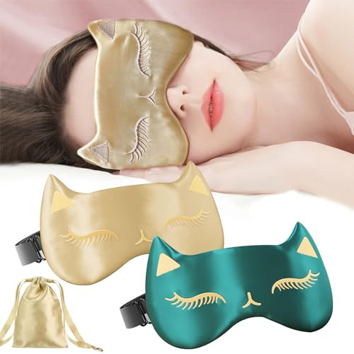 Katt sovmask kvinnor, satin sovmask katt ögonbindel ljusblockerande ögonmask mjuk och smidig ögonskydd med justerbar rem, ögonblind för gril kvinnor (2 stycken)