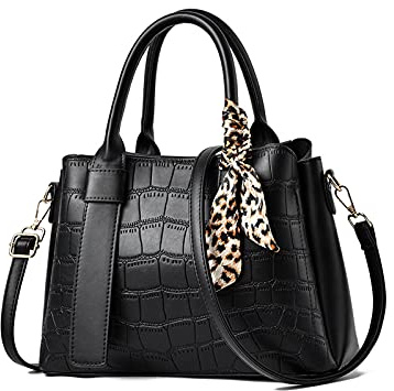 NICOLE & DORIS Damen Handtasche Leder Henkeltasche Tasche Retro Krokodilmuster Designer Schultertasche Frauen Umhängetasche Arbeitstasche Shopper Tote Bag mit Seidentuch Schwarz