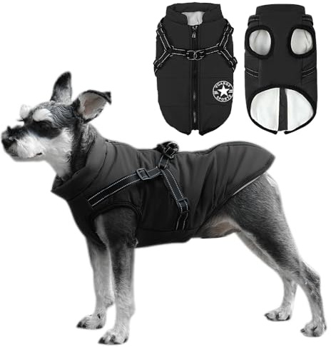 Voarge Hundjacka, vinterväst, jacka, hundrock med sele för små hundar, vattentät, maskintvättbar, design med reflekterande ränder, med hållbar D-ring (storlek XL, svart)