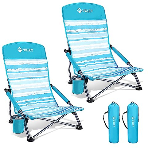 VILLEY Low Beach Chairs for Adults 2 Pack, High Back Folding Beach Chairs, Lightweight and Portable for Outdoor, Beach, Camping, Lawn, Music Festival, with Cup Holder and Carry Bag-Blue Stripes