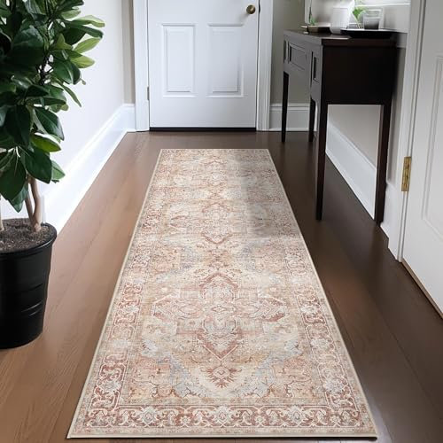 TOPICK Läufer Flur Waschbar Ziegelrot Küche Läufer Vintage Blume Orientalischer Dünner Faltbar Teppich für Brücken Schlafzimmer Wohnzimmer Tisch rutschfest Teppichläufer Flurteppich 60x210cm