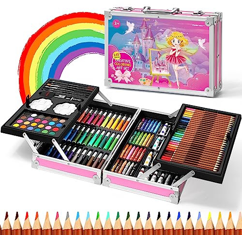 Spardar Malkoffer für Kinder, 145-teiliges Malset Deluxe mit Aluminiumbox, Zeichenset mit Ölpastellkreiden, Buntstiften, Markern, Aquarellkuchen usw. Geschenk für Kinder, Anfänger, Künstler