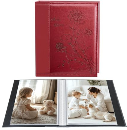 Artmag Photo Album 5x7 Clear Pages Pockets Leather Cover Slip Slide in Photo Album Book Holds 50 Vertical 5x7 Photos Picture Book for Wedding Family (Red)