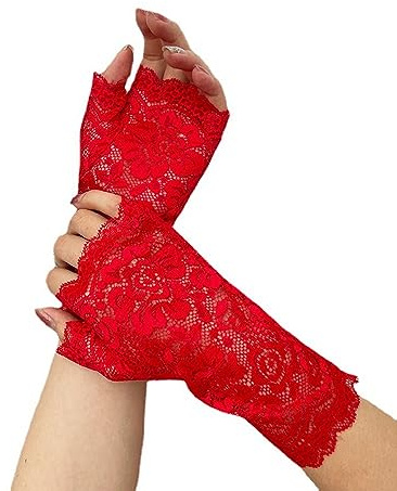 Wambere Spetshandskar, fingerlösa handskar vintage vantar damer spets broderi fingerlösa solskydd brud handled handskar för bröllop tefest tillbehör party halloween, röd