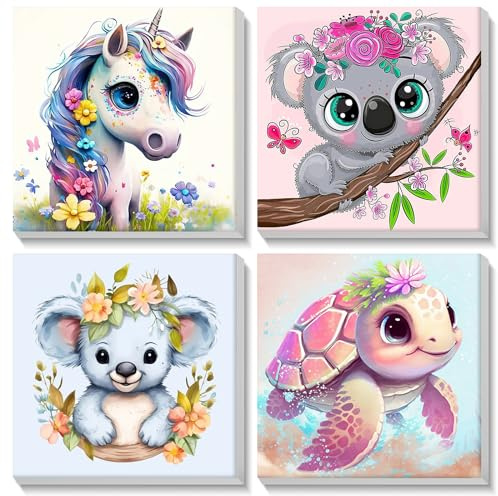 MISCER 4 Pack Animales Pintar con Numeros con Marco, Dibujo animado Pintura Pintar por Numeros Adultos Niños,Pintura DIY en Acrílico u Óleo, Adecuada para Decoración del Hogar 20X20cm