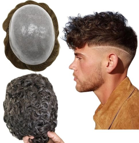 Toupet Perruque en cheveux humains pour homme, avec cheveux en polyuréthane doux, ondulée, 10 mm x 8 (#2 marron foncé)