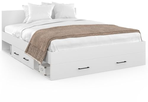IDMarket - Lit Double MINEA avec tiroirs + niches de Rangement + tête de lit et sommier 140 x 190 cm Blanc