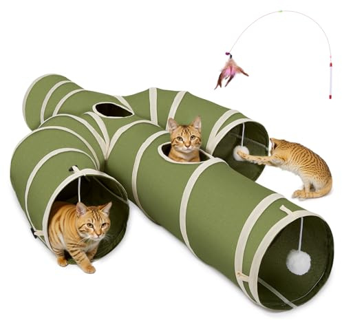Ownpets Tunnel per gatti, a forma di cactus, tunnel a 4 vie, labirinto con robusto tessuto Oxford, pieghevole e antistrappo, tunnel per gatti, diametro 25 cm, verde