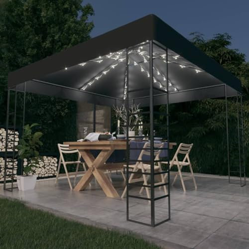 Homgoday Tenda da giardino con luci LED 3x3 m Antracite, Tenda di ricezione Gazebo Gazebo Padiglione da esterno, gazebo per campeggio, feste, barbecue