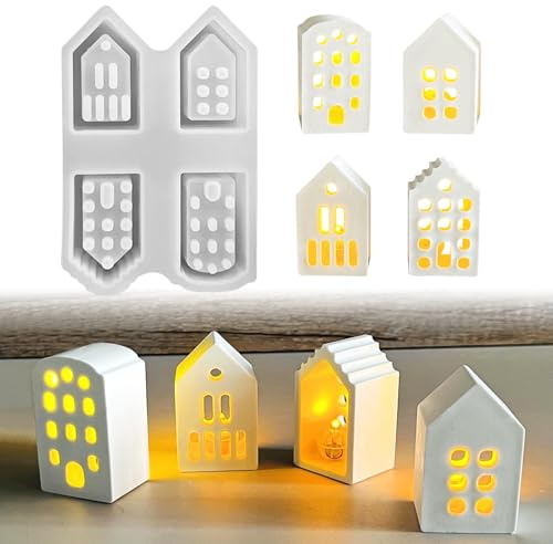Silikonformen Gießformen Häuser, 3D Silikonform Haus Silikonform Kerzenhalter Silikonform Ostern Gießformen Silikon Gießform Haus DIY Silikonform Häuser Gips Zum Gießen Gießform Kerzenhalter (B)