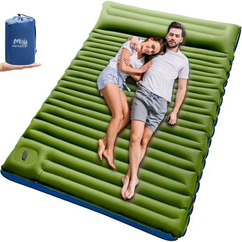 Myxslop Dubbel sovdyna för camping, 15 cm extra tjock 2 personer camping sovdyna med kudde inbyggd fotpump, uppblåsbar sovmatta för backpacking, tält, vandring, nödvändighetsutrustning utrustning