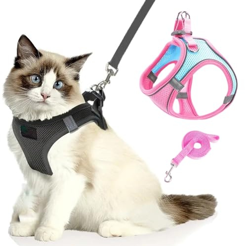 Katzengeschirr, Katzenleine Mit Geschirr füR Katzen, Atmungsaktive Bequemes Anti Ausbruch Geschirr für Katzen Mit Reflektierenden Streifen (blau-pink,S)