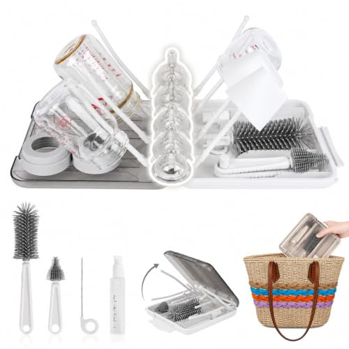 Reise Baby Flaschenbürsten-Set, 6 in 1 Tragbarer Babyflaschen Bürste Set mit Silikonbürste, Nippelbürste, Strohbürste, Seifenspender und Flaschenhalter, ideal für Zuhause & Unterwegs