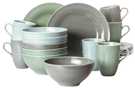 Seltmann Weiden Beat Color Glaze Frühstücksservice 18-teilig – Henkelbecher, Müslischalen und Frühstücksteller für 6 Personen – Porzellangeschirr mit Rillenrelief, Spülmaschinenfest – Dreifarbig