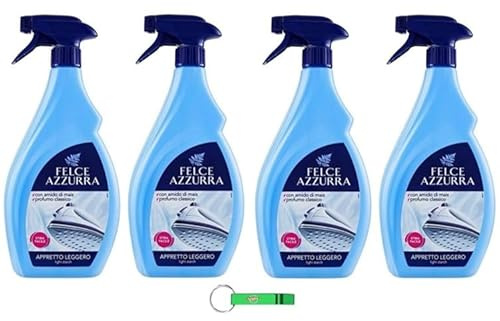 4 X Felce Azzurra Appretto Leggero Spray per Stira Veloce, aiuto per stirare leggermente rinforzante, stiratura rapida, profumata 750 ml + portachiavi Beni Culinari gratuito