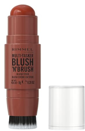 Rimmel Multi Tasker Blush'N'Brush, Dual-Ended Blush Stick with Built-in Brush, Cream-to-Powder Formula for a Smooth, Weightless Finish, Roasted Peach, 8g