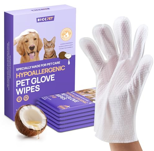 HICC PET Handschuhtücher für Katzen & Hunde, doppelseitige Feuchttücher | Tiefenreinigung von Fell, Pfoten, Gesicht & Ohren, 6 Stück einzeln verpackt für unterwegs, Kokosduft