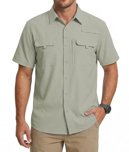 Camisa de Pesca para Hombre Manga Corta, Protección Solar UV UPF 50+, Secado Rápido y Transpirable, Camisa Outdoor para Senderismo Viaje y Trabajo Verde Oliva L