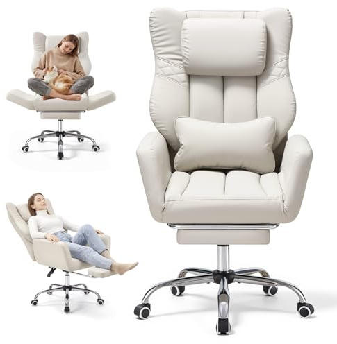 Warmiehomy Bürostuhl mit Fußstütze, Schneidersitz Stuhl mit 5-stufig Armlehnen, Bürostuhl Ergonomisch mit 155° Neigung, Schreibtischstuhl Office Chair Gaming Stuhl 72x50x120 cm, Weiß