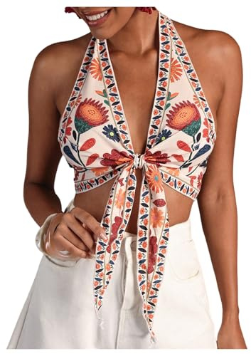 Women's Bohemian Floral Graphic Halter Top Knot Front Backless Bikini Cover Up Tops(Orange,X-Large)