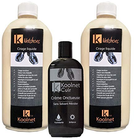 Koolnet Netshoes – Pack de 2 + 1 crème onctueuse Noire – Cirage liquide incolore pour cireuse ou utilisation manuelle