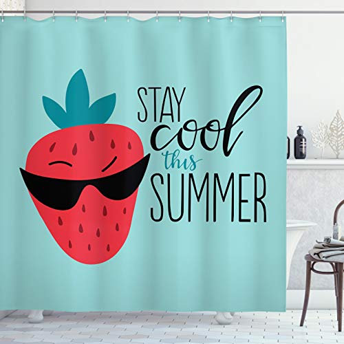 ABAKUHAUS Bleib ruhig Duschvorhang, Lustige Strawberry Summer, Stoffliches Gewebe Badezimmerdekorationsset mit Haken, 175 x 220 cm, Hellblau Dunkle Koralle