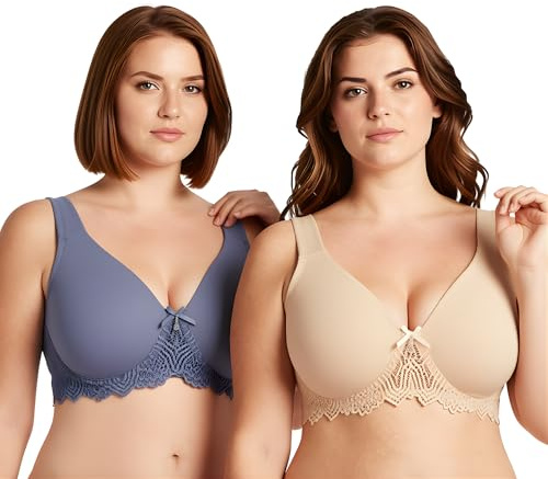 Curve Muse De las Mujeres Sin Forro Aros Cordón Sostén con Acolchado Hombro Correas-Paquete de 2-Desnudo,Azul Polvoriento-95C