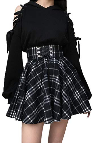 SIPEIEN Dames Plaid Une ligneJupe Gothique Taille Haute Short évasé plissé Mini Patineur Jupe Noir M