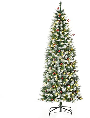 HOMCOM Árbol de Navidad Nevado Artificial 180 cm con 300 Luces LED Verde | Árbol de Navidad, Blanco Cálido, 618 Ramas Ignífugas de Plástico, Decoraciones Incluidas, Base Plegable, Ø65x180 cm