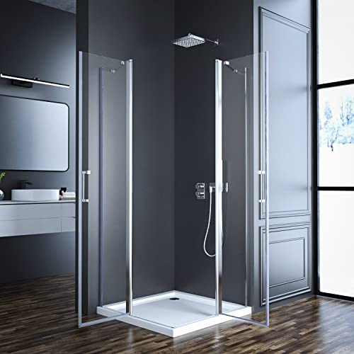 Duschkabine Eckeinstieg 75x75cm Duschabtrennung mit Pendeltüren, Dusche aus 6 mm NANO-Beschichtung ESG Glas, Scharniertür Duschkabine Eckeinstieg Höhe 185cm