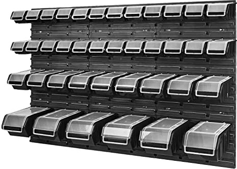 PAFEN Stapelbox Wandregal - 1158 x 780 mm - Lagersystem 39 Stück Boxen mit Deckel - Lagerregal Sichtlagerkästen Schüttenregal, Schwarz