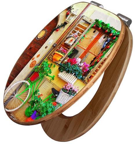 banjado Design WC Sitz Bambus Absenkautomatik 45,8x37,5cm / Toilettendeckel mit Absenkautomatik Holz/hochwertiger Bambus Klodeckel/WC-Sitz für gängigen Toiletten/Motiv Grünes Fahrrad
