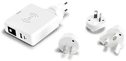 SIMON - Cargador Inalámbrico de Carga Rápida, Adaptador de Viaje 3 en 1, con 2 Enchufes USB, Batería Portátil con Interruptor, Apto para EU, USA, SAA y UK, Color Blanco