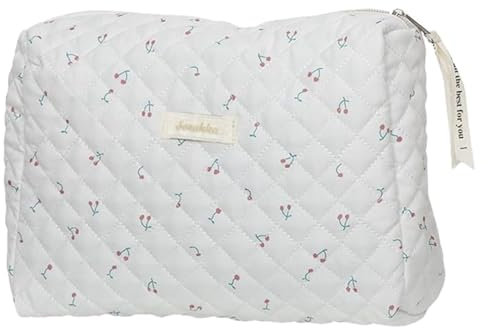 Aucuu Reise Kosmetiktasche, Coquette Make-up-Tasche, Gesteppte Kulturtasche Damen, Kosmetiktasche Groß Kapazität, Baumwolle Make-up Tasche mit Blumenmuster für Kinder Damen Herren (Weiß Kirsche)