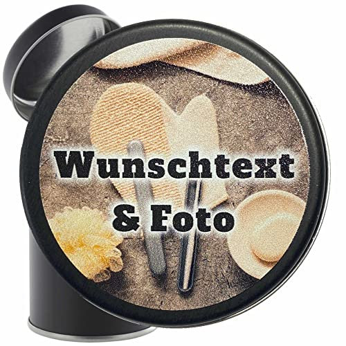 Indigos UG - Spice Jars 175 ml - 1 Piece - Printed 90 x 56 mm with Desired Text - Photo - Brand - Logo - Round - Black Tin for Spices, Refill Box, Gift Packaging Personalised