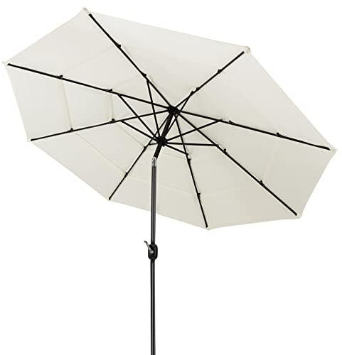 GOPLUS Grand Parasol de Jardin Exterieur à 3 Niveaux, 3m Parasol Balcon Inclinable 45° avec Manivelle, 8 Baleines Toit Ventilé, Protection Solaire, pour Terrasse Patio Piscine (Beige)