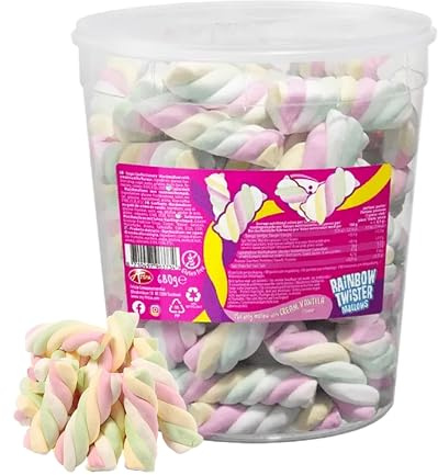 Rainbow Marshmallows Twists Sweets Bulk - 680g Twister Cable Giant Marshmallows with Cream Vanilla Tub & Topline Card. Kids Sweets for Birthday Party, Camping, Party Bag Fillers