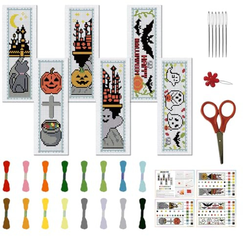 FREEBLOSS 6 Set Ricamo Punto Croce Segnalibro Punto Croce Segnalibri Fai Da Te Punto Croce Tema di Halloween Schemi Punto Croce Kit Punto Croce con Istruzioni per i Principianti 20x6cm