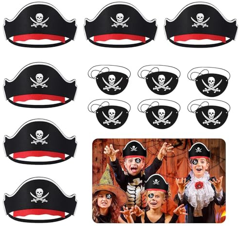 6 Stücke Piratenhut Kinder 6 Pcs Augenklappe Pirat Kinder Piraten Zubehör Piraten Hut und Eye Patch set Piratenhut Kindergeburtstag Piratens Hut Geeignet für Feiertagspartys, Piratens-Mottopartys