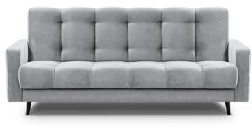 Mars Meble Schlafsofa mit Bettkasten - Dreisitzer 220cm Breit Polstersofa mit Schlaffunktion Nancy BIS, aus Velours Sofa mit Federkern Holzbeine, Stoff: Paros 05 - Hellgrau