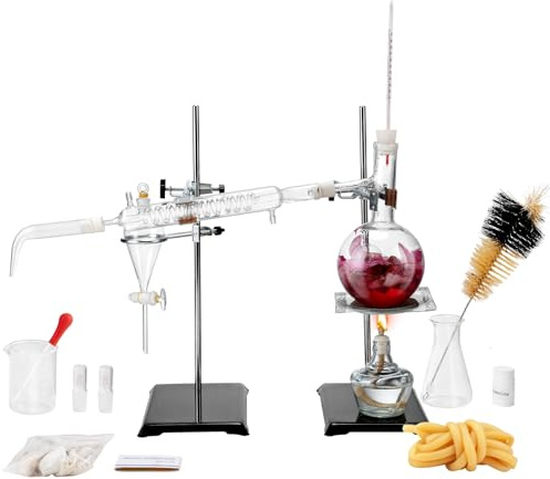VEVOR Kit de Distillation d'Huiles Essentielles, Appareil de Distillation de 500 mL, Kit de Verrerie de Labo Boro 3,3 avec Lampe à Alcool, Maille en Céramique et Joint 24/40, Ensemble de 28 Pièces