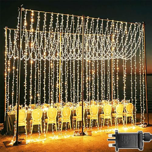 Joycome 2 Pack 600 LED Curtain Lights 6m x 3m Curtain Fairy Lights Plug in, 8 Modes Waterproof Window Lights for Gazebo Wall Wedding Xmas Indoor Outdoor Decorations - Warm White